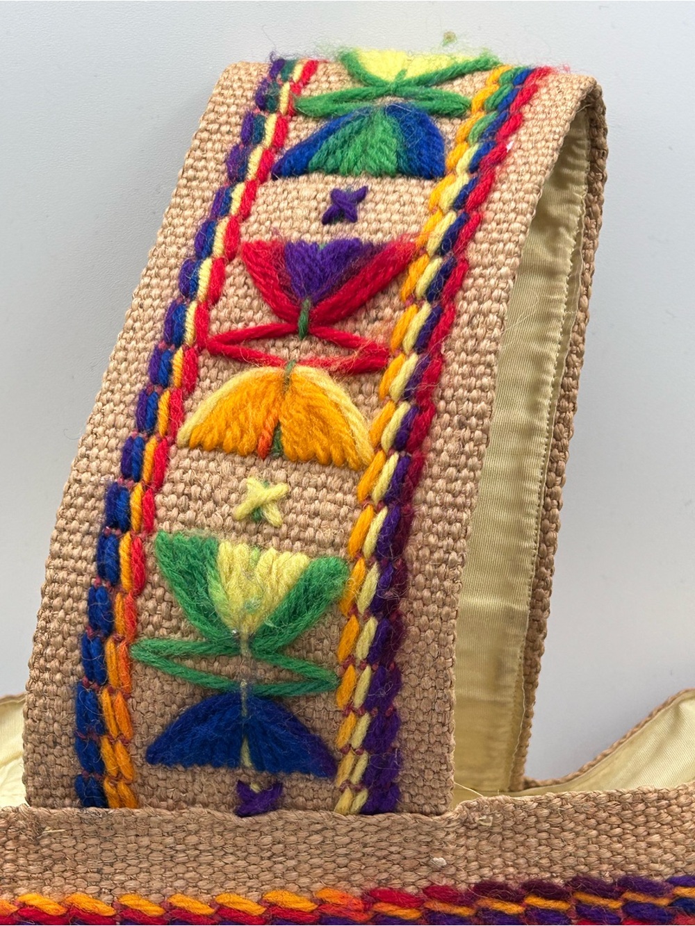 Vintage 70s Burlap Purse Bag Tote Multi Color Embroidery BOHO Hippie 14" - Picture 4 of 11